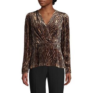Elie Tahari $348 Amit Vneck Long-Sleeve Burnout Blouse Medium Tiger Animal Print